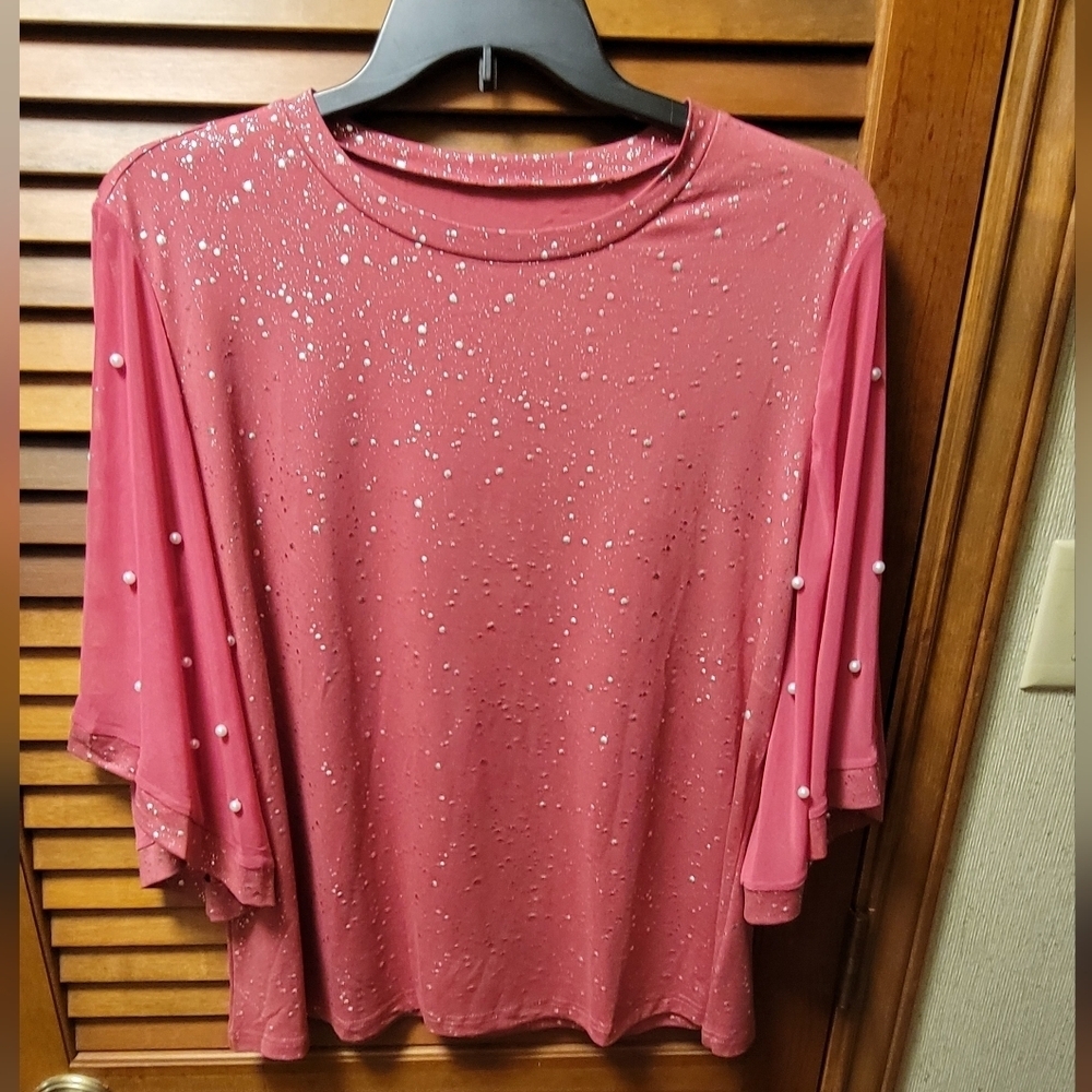 Pink Top Pearl Accents Sheer Wide Sleeve 2x